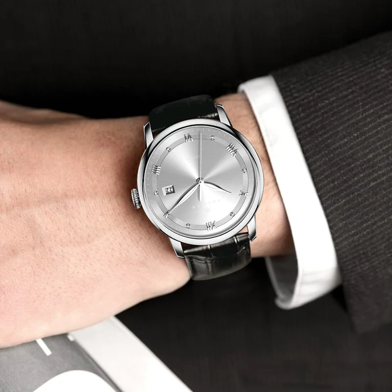 PONIGER Fashion Men's Designer Waterproof Watch Rose Gold Luminous Hand Automatic Wrist Watches For Men Leather