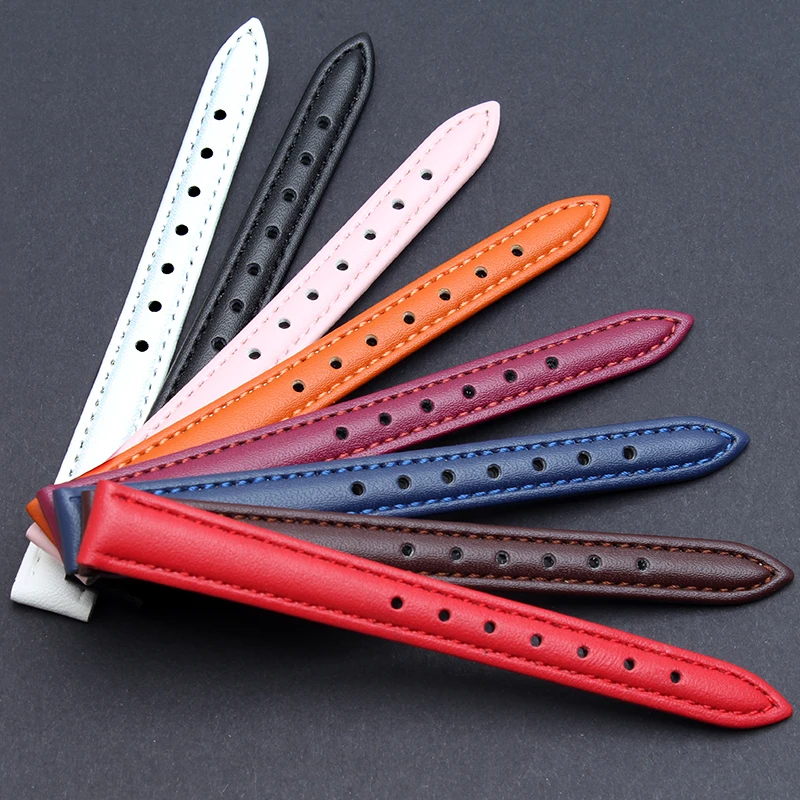 12 14 16 18 20mm Genuine Leather Watchband Soft Material Watch Band Wrist Strap Orange red women With gold Color Stainless Steel