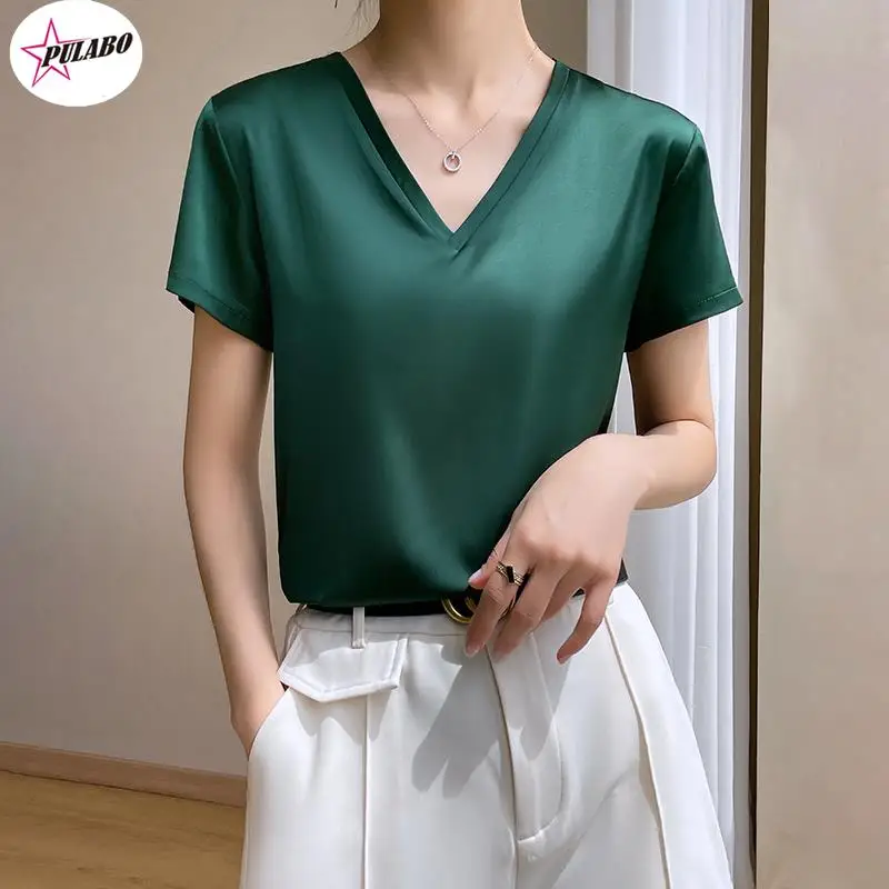 PULABO Tees Summer Basic Solid Women's T-Shirts V-Neck Short Sleeve Tees Tops Satin Silk Elegant Thin Shirts For Female y2k