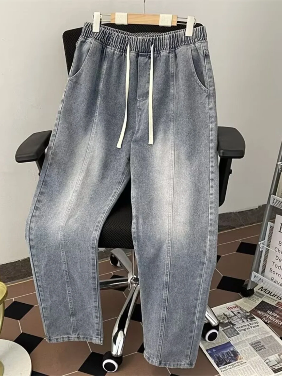 

Мужские джинсы в стиле ретро в американском стиле, весенне-осенние потертые джинсовые брюки с эластичной резинкой на талии, повседневные модные свободные прямые брюки