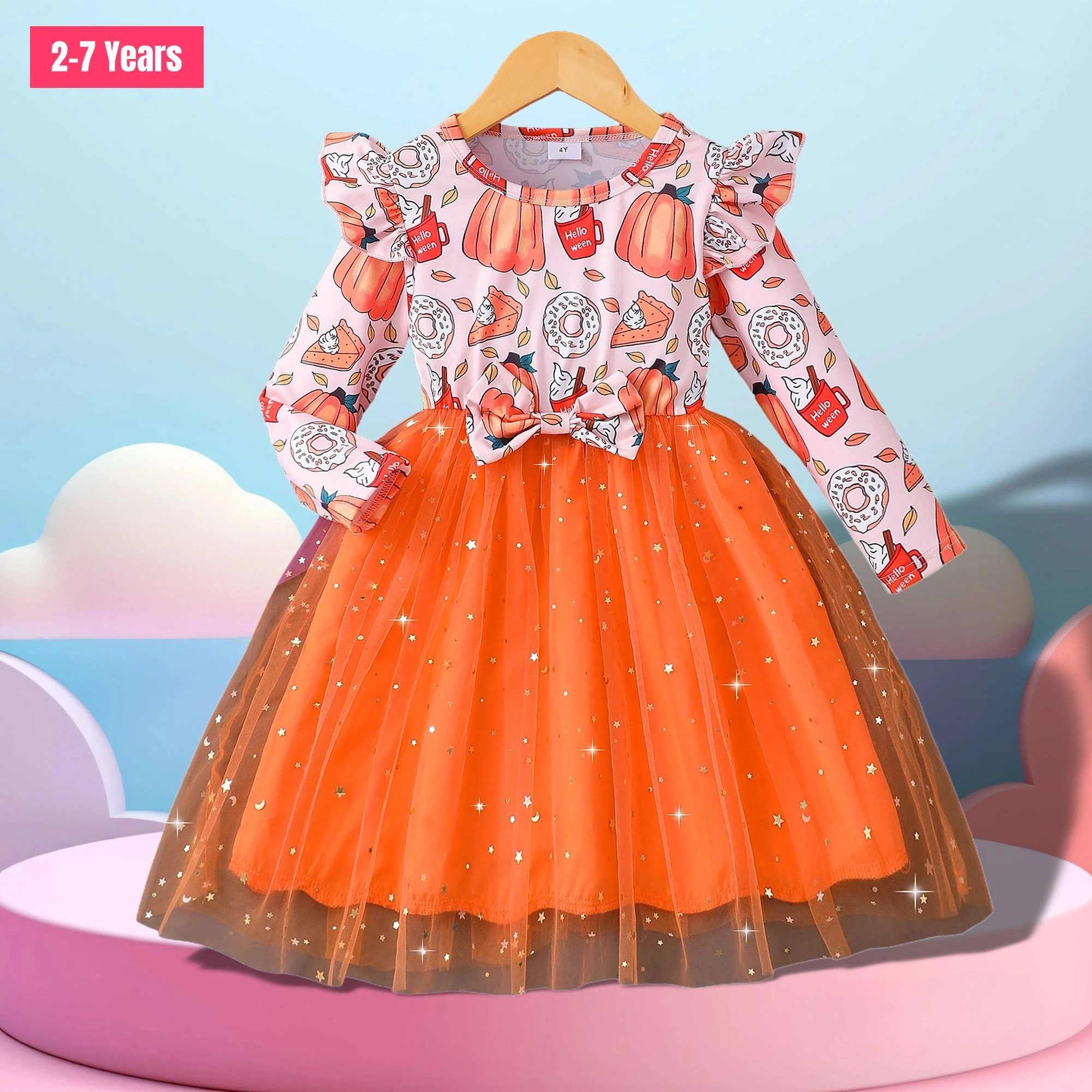 Halloween Girl Costume Party Mesh Horror Theme Long Sleeve Orange Pumpkin Dress Children Baby Girl Set Cute 2-7 Yrs