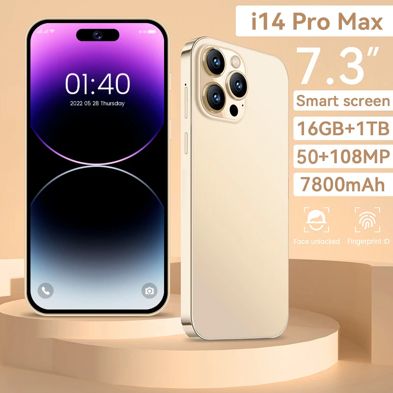 

2025 New i14 pro max 7.3HD Global Edition Original Smart Dual Card 7800mAh Battery Facial Recognition Function