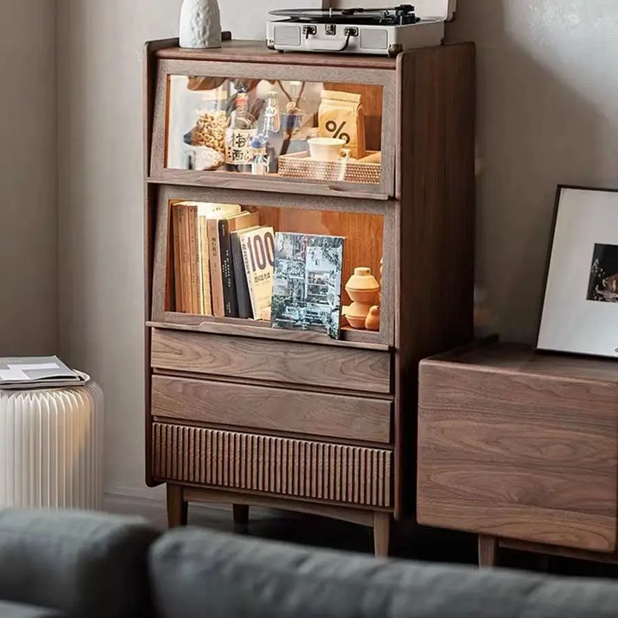 Nordic Japanese black walnut TV side cabinet solid wood living room sofa side cabinet chest multi-functional locker