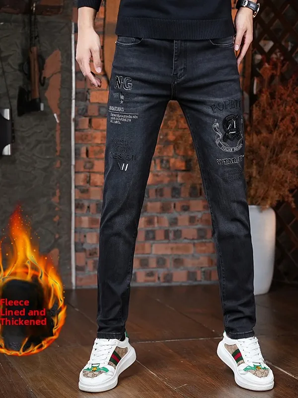 

High-End Embroidered Thiened Fce Men's Jeans Slim Fit Casual Long Trousers Autumn Winter Faion Brand Bla Denim Pants
