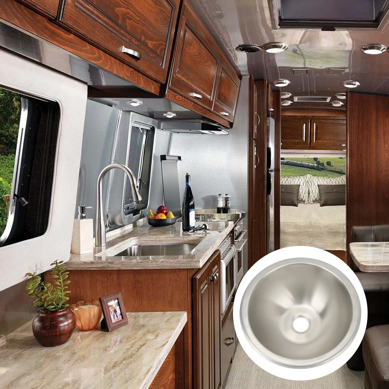 Fregadero redondo de acero inoxidable 304 para RV, fregadero de cocina, suavizado de trefilado, ahorro de espacio, para barco Camper