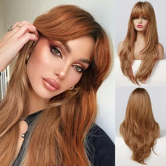 

Long Straight Synthetic Heat Safe Wigs with Bangs Brown Wig is Fashion for Women