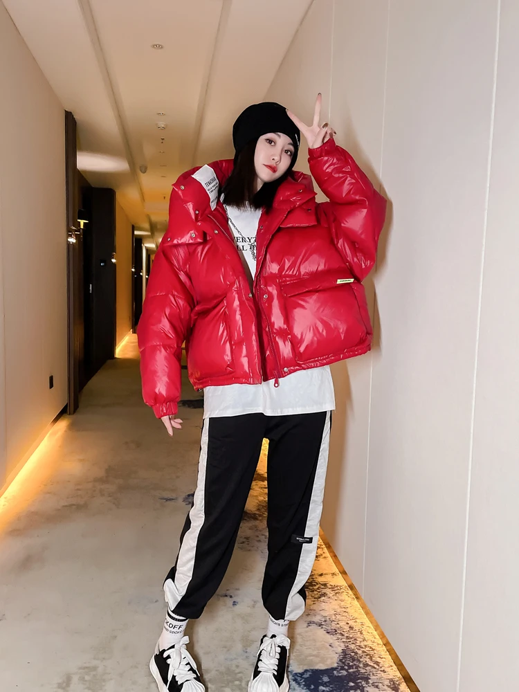 Female Winter Short Hooded Parkas Puffer Bomber Jacket Warm Cotton Padded Coats Stylish Outerwear Oversized Streetwear 2024