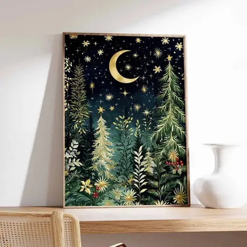 크리스마스 포스터, 크리스마스 벽 예술, 축제 장식, 겨울 예술, 겨울 포스터, 순록 인쇄, 눈 예술, 크리스마스 트리 예술