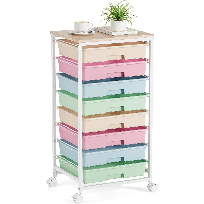 

Rolling Storage Cart, Rainbow Cart with 8 Drawers and Wooden Tabletop, Teacher Organization for Classroom