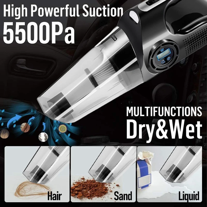 

Car Vacuum 4 In 1 Portable Car Vacuum With Digital Air Compressor Pump For Car With LED Light Wet/Dry Vacuum Cleaner