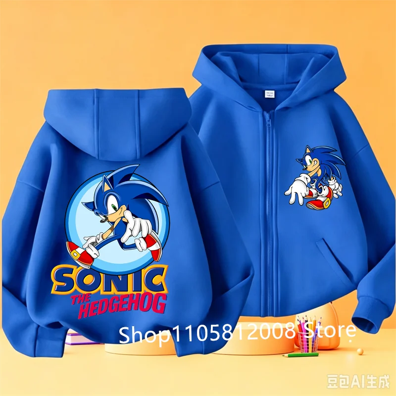 Anime Sonics Kids Thin Hooded Jacket Zipper Sweatshirts Outwear Fashion Spring Fall Hoodies Sportwear Children Clothes Boys Gift