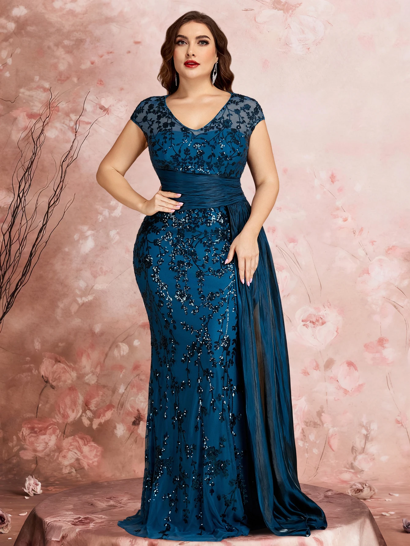 Plus Size Elegant Cap Sleeves Sequins Patchwork Ribbon Formal Evening Dresses Luxury V-neck Floor-Lenght Party Gowns
