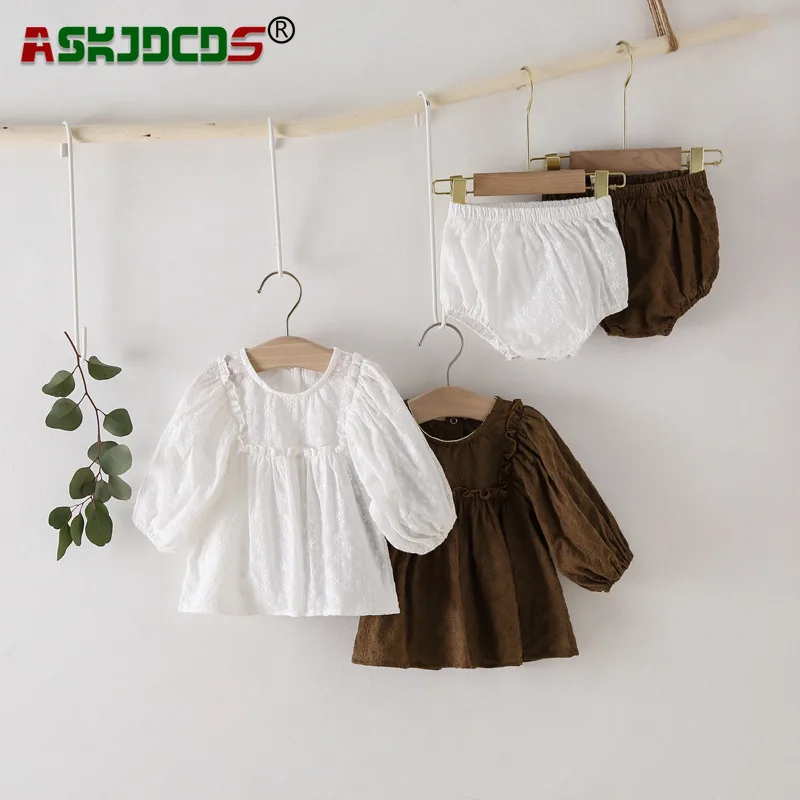 

2023 New In Spring Summer Infant Clothing Set Kids Baby Girls Full Sleeve Solid Color Jacquard Weave Ruched Dresses+shorts