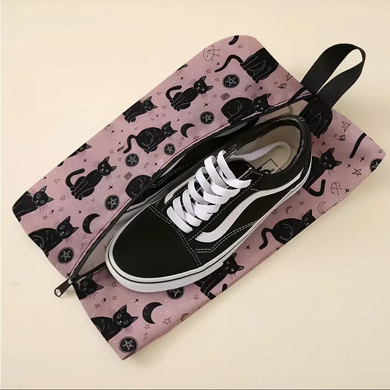 Portable Shoe Storage Bag with Cat Print Pattern, Featuring Zippered Design,Large-Capacity Travel Storage Bag That Can Be Hung