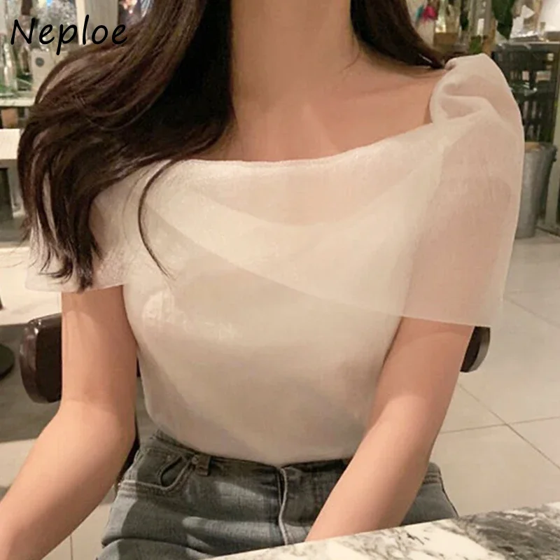 Neploe Gentle Style Temperament Solid Blusas Slash Neck Off Shoulder Mesh Short Sleeved Slim Shirts Top 2024 New Women Blouses