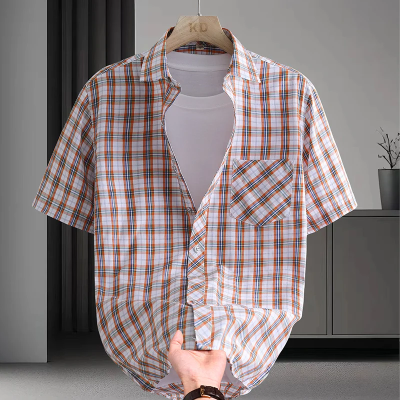 

Summer Men's Short Sleeve Shirt Loose Fit Youth Fashion Hong Kong Style Half Sleeve Button down No Ironing Required Premium Feel