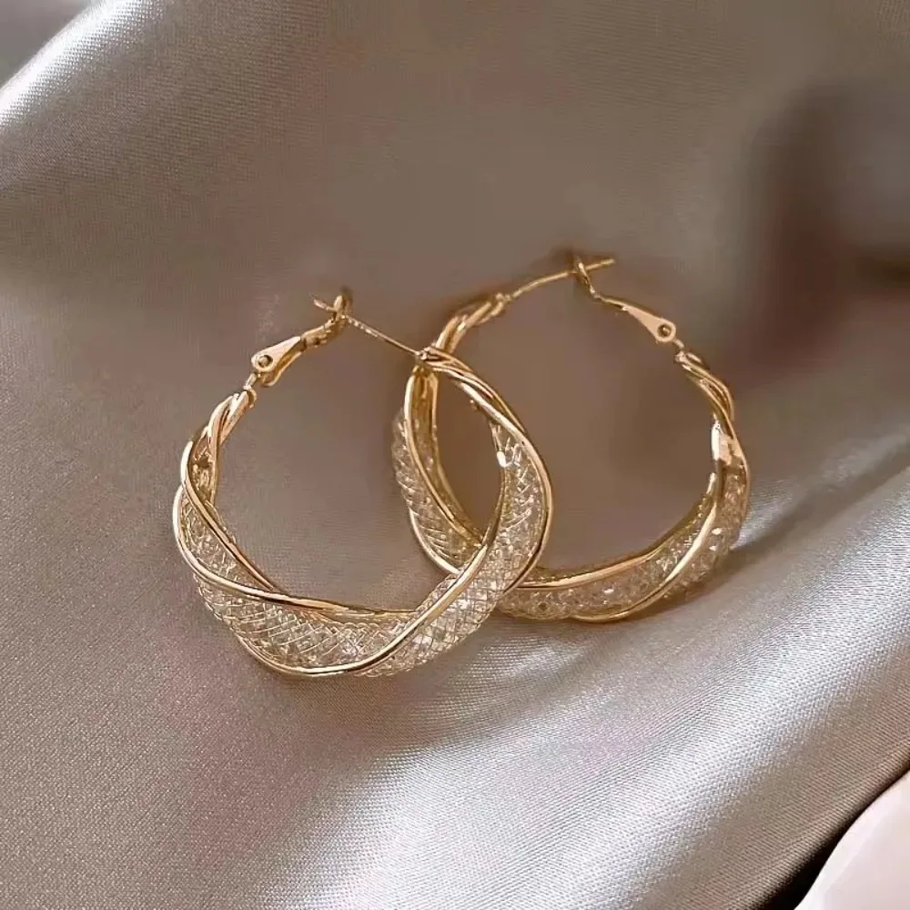 Elegant Shiny Mesh Rhinestone Hoop Earrings, Vintage Gold Hollow Mobius Twisted Round Earrings Women Jewelry