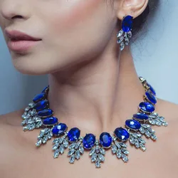 Luxury Jewelry Set Elegant Wedding Prom Crystal Earring and Chunky Bib Choker Royal Blue Rhinestone Statement Necklace for Women