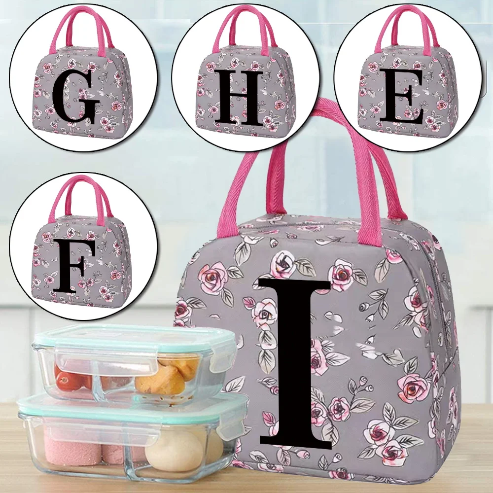 

Zipper Lunch Bag for Kids Design Grey Flower Color Lunch Box Microwave Safe Dinner Box Printing Black Letter