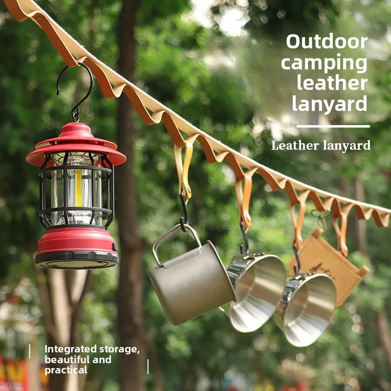 PU Leather Outdoor Lanyard, Woven Webbing Extended Tent Hanging Rope, Portable Clothesline for Camping, Travel and Canopy Use