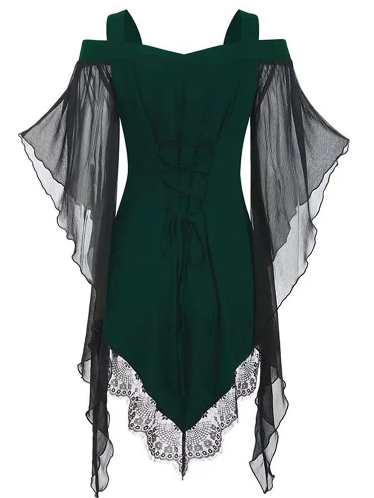 Women's Sexy Cold Shoulder Gothic Dress with Flared Sleeves Vintage Witch Style for Halloween Party And Medieval Costumes