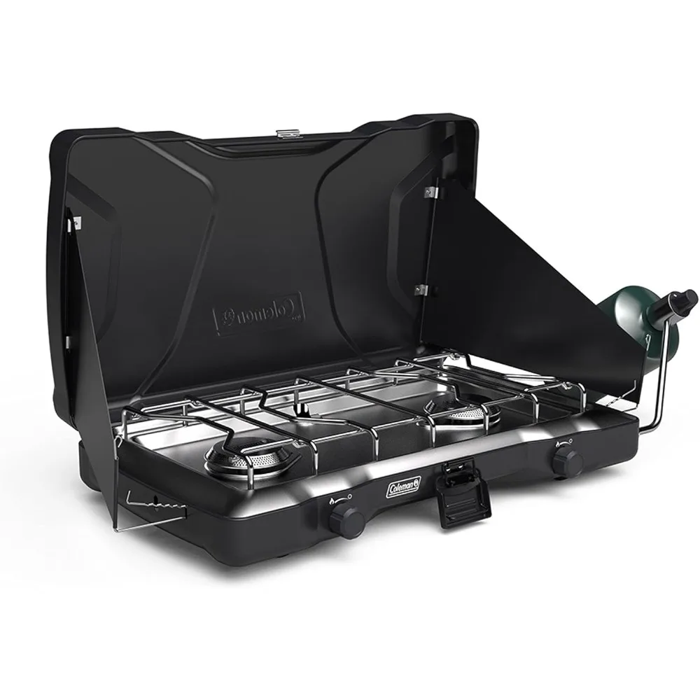 Estufa de propano Coleman Triton de 2 quemadores, mesa de cocina portátil para acampar con 2 quemadores ajustables y protectores contra el viento, 22,000 BTU de potencia para