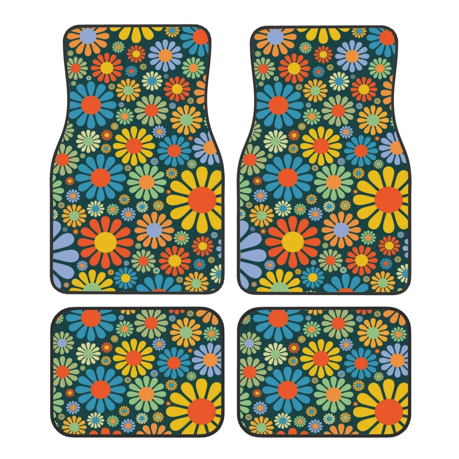 Cartoon Daisy Pattern Car Floor Mats Set of 4 Pcs Anti Slip Front and Rear Foot Mats Universal Auto Accessories for Car SUV Van