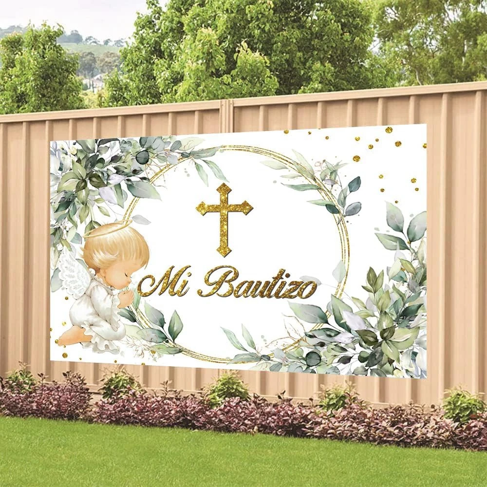 Mi Bautizo Baby Shower Backdrop My First Communion Gold Cross Grail God Bless Baptism Christening Birthday Decor Background Prop