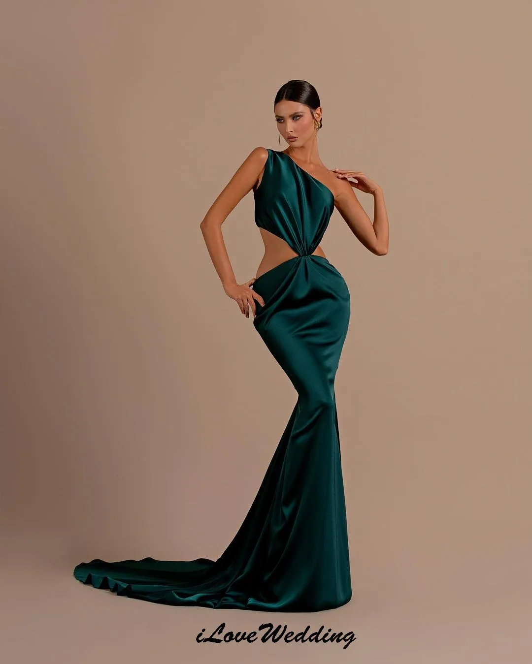 

Emerald One Shoulder Cut-Out Evening Dresses 2025 Elegant Backless Sexy Court Train Satin Party Dress For Woman Gala Customized