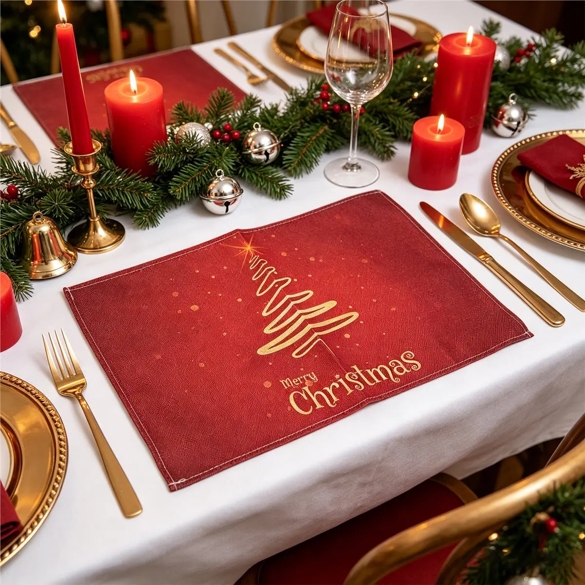 feelfeel Merry Christmas Tree Placemats Set of 6,Non-Slip/Wipe Clean Linen Dining Table Mat Set,Heat-Resistant Table Liner