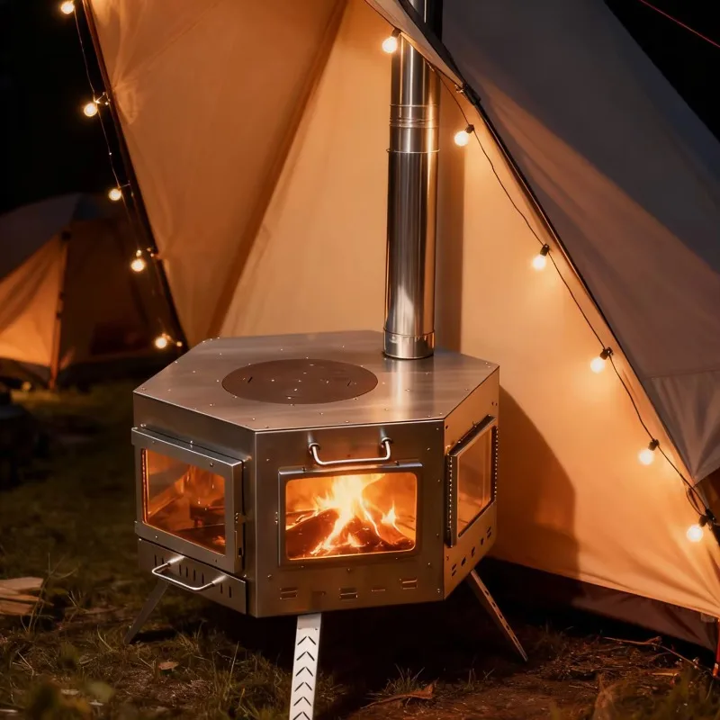 

【Popular】Portable Folding Outdoor Camping Stove Stainless Steel Charcoal BBQ Wood-fired Heating Lighting Cooking Stove with Chim