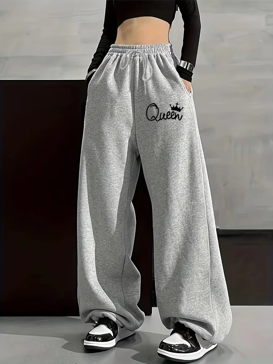 Harajuku Women's Plus-size Street Style Casual Sweatpants with Personality Print Autumn and Winter Fleece Loose Fit Streetwear
