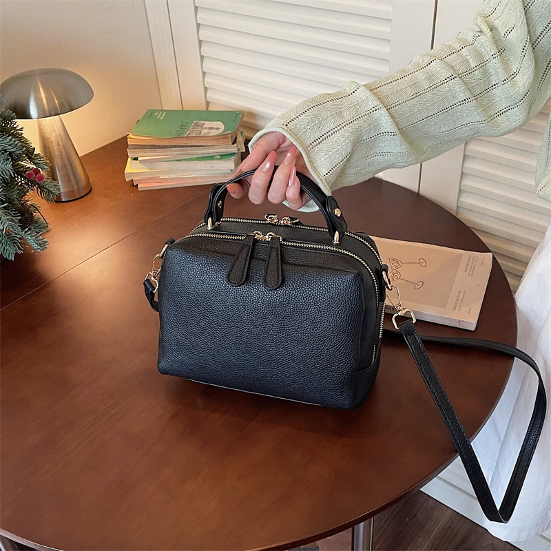 Litchi Grain PU Mini Boston Handbag Women Multiway Wear Hand Crossbody Bag Solid Lightweight Daily Mobile Phone Small Purse