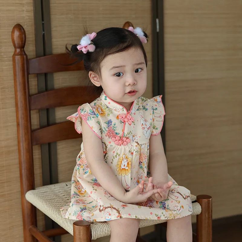 

Summer Chinese Style Girls' Dress Baby Girls' Cartoon Bunny Flower Print Small Fly Sleeves Stand Collar Button Princess Dress