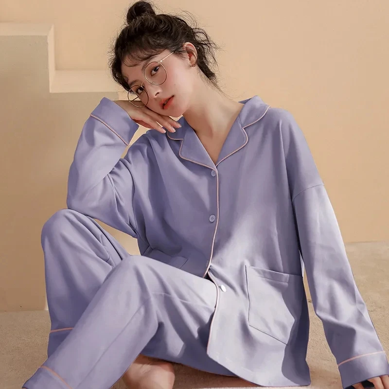 Cotton Women Cotton Pajamas Set for Women Autumn Long Sleeve Pyjama Sleepwear Homewear Loungewear Solid Color Pijama