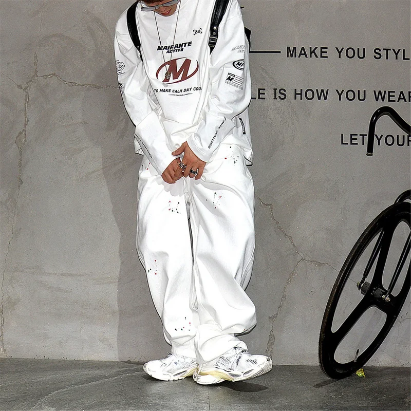 

White High Street Vibe Wide Leg Straight Jeans Men, American Streetwear Paint Splatter Stacked Denim Pants