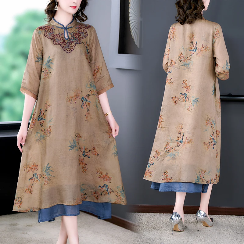 2023 Autumn New Women\'s Silk Cotton Hemp Short Sleeve Dress Flower Embroidered Long Slim Dress Loose Size Knee Length Robe