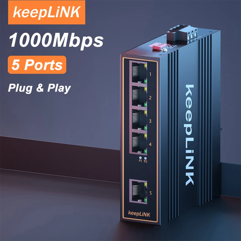 KeepLiNK Industrial 5-Port full gigabit unmanaged Ethernet Switch DIN Rail IP40 Metal Housing
