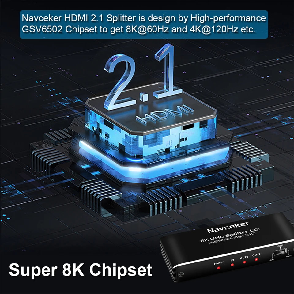 Navceker 8K 60Hz HDMI Splitter 4K 120Hz 1x2 HDMI 2.1 Splitter Audio 1 in 2 out estrattore Audio HDMI contemporaneo per PS5 Xbox