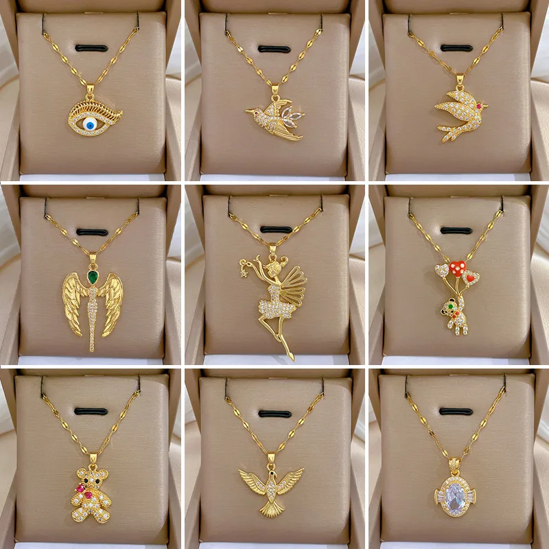 

Women Luxury Wedding Party Necklace Several Full Zircon Titanium Steel Butterfly Flower Pendant Necklace