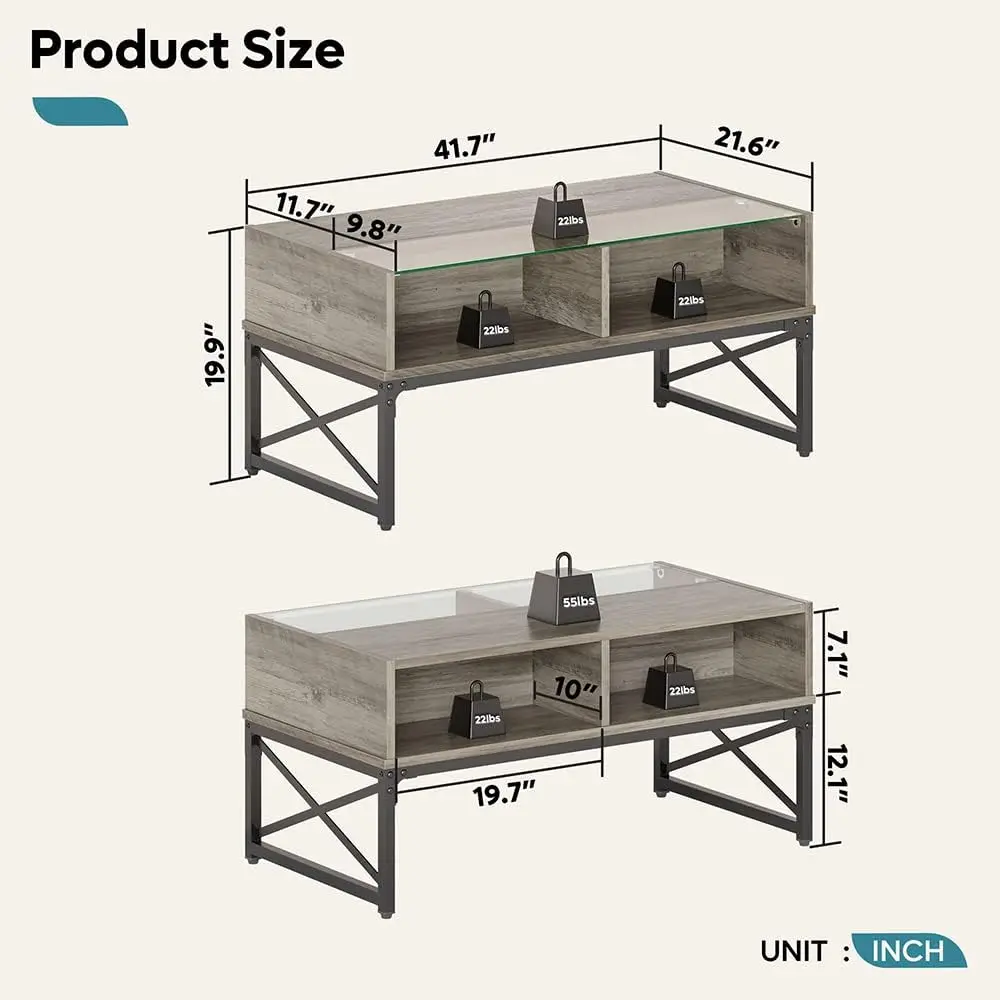 Bestier LED Coffee Tables for Living Room,Wood Center Table with Glass Top Game Night. 42 Inch Room Grey Wash