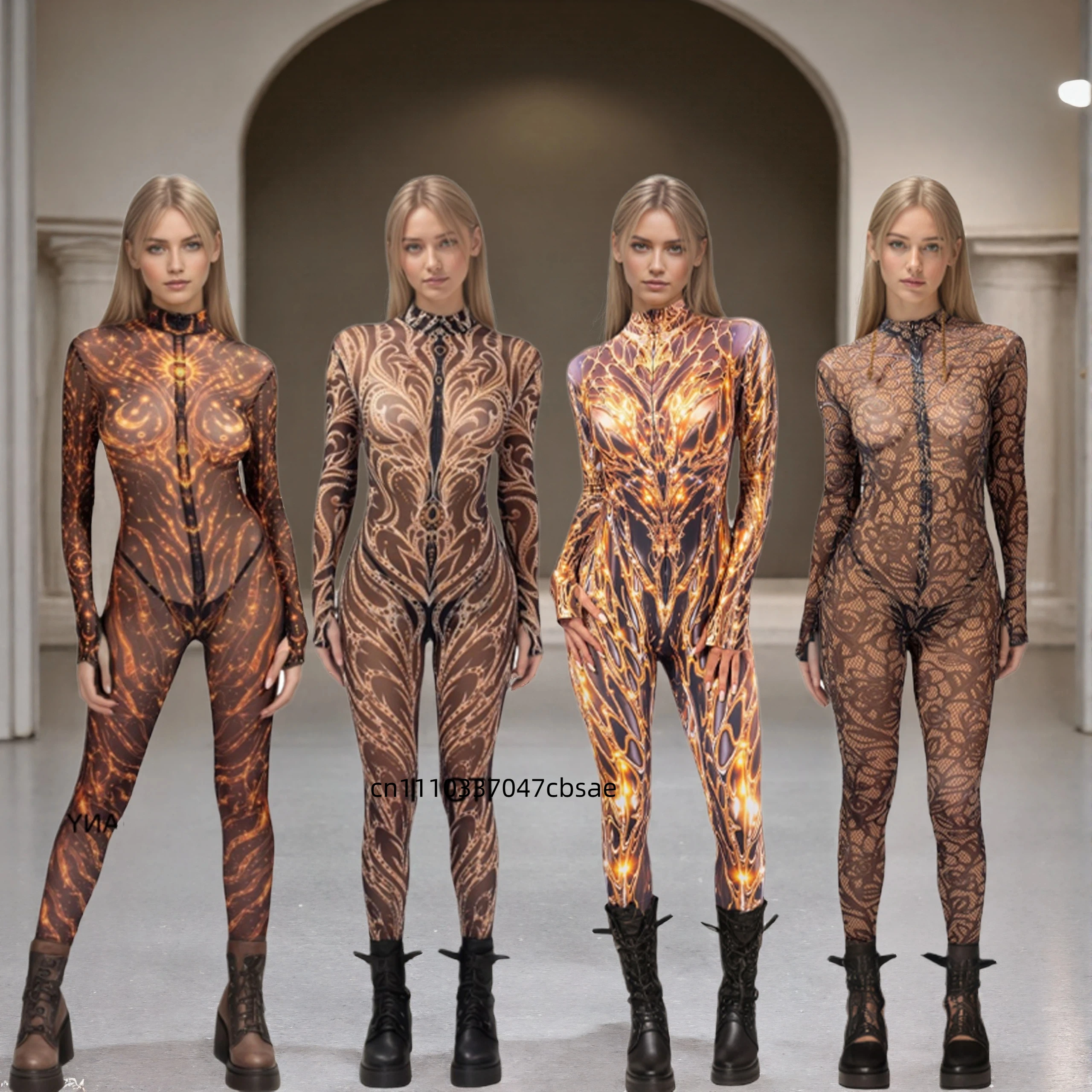 Gotischer Mehrfach-Muster Skinny Bodysuit mit Goldener Aderung, Galaxy Floral Cosplay Catsuit, Halloween Rollenspiel Bühnen-Rave-Wear Jumpsuit 2026