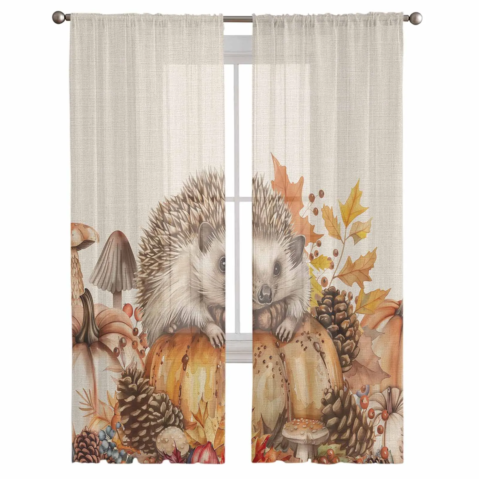 Fall Pumpkin Hedgehog Pine Cone Window Tulle Curtains for Living Room Kitchen Modern Window Treatments Voile Curtains