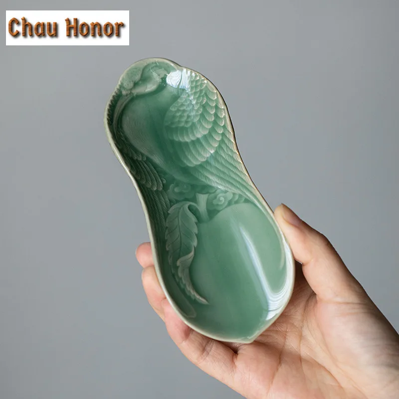 Boutique Yue Kiln Celadon Tea Spoon Chinese Relief Crane Tea Leaf Container Peanut Tea Shovel Chahe Kung Fu Teaset Accessories