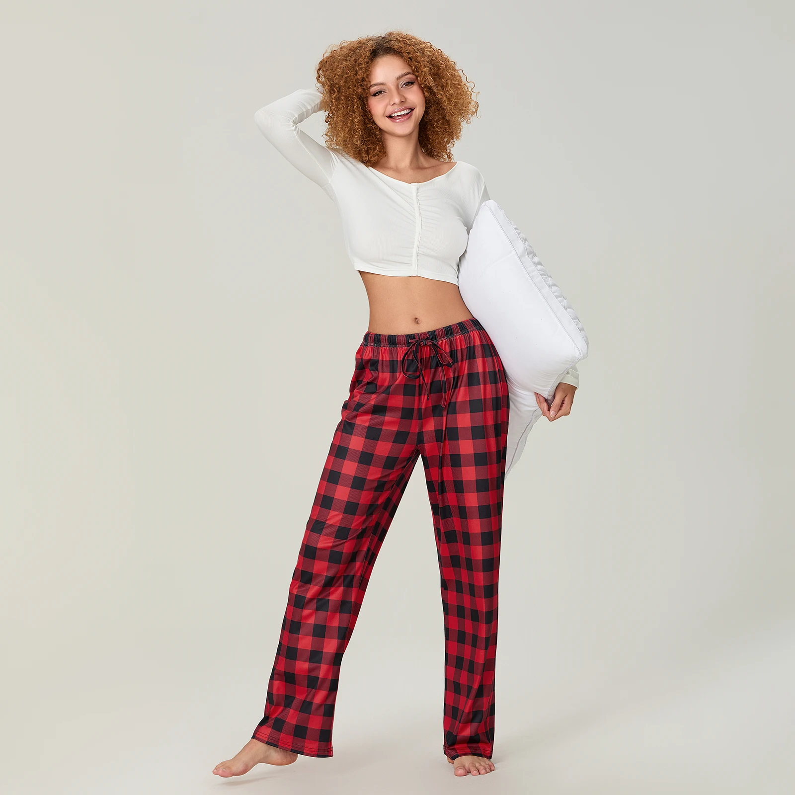 Christmas Lounge Pants for Women Classic Buffalo Plaid Print Elastic Waist Loose Sleep Pjs Long Trousers Female Sleepwear