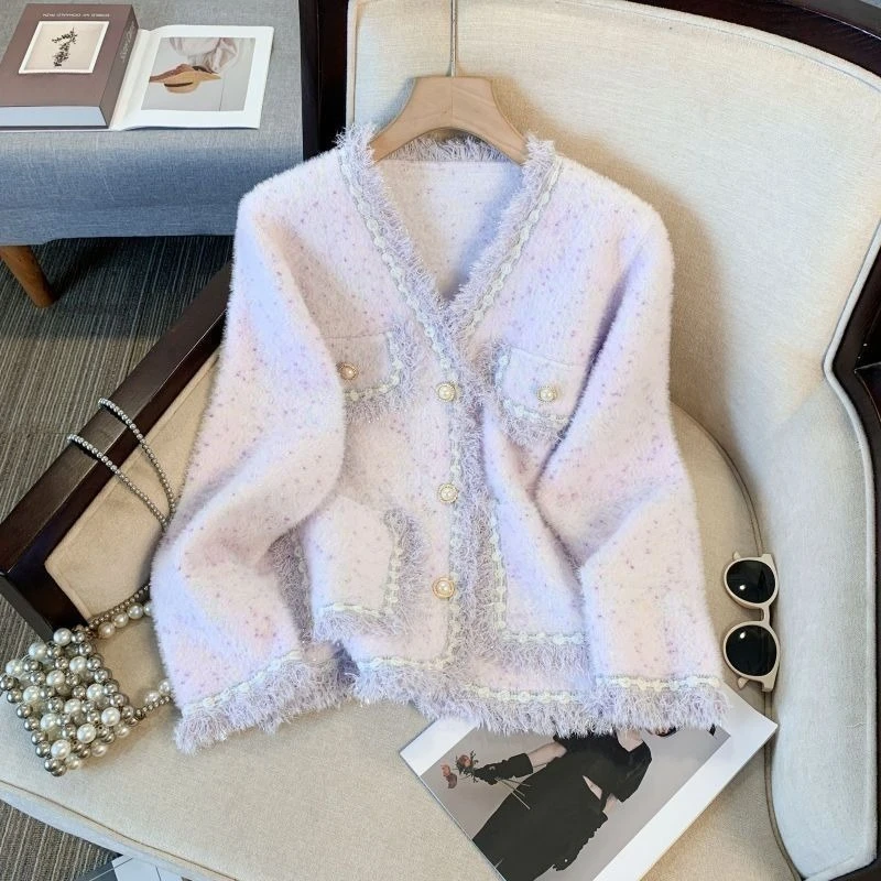 

Новинка 2025, осенне-зимний вязаный кардиган с бахромой из искусственной норки, мягкий свободный крой, элегантный топ во французском стиле с v-образным вырезом и пуговицами спереди