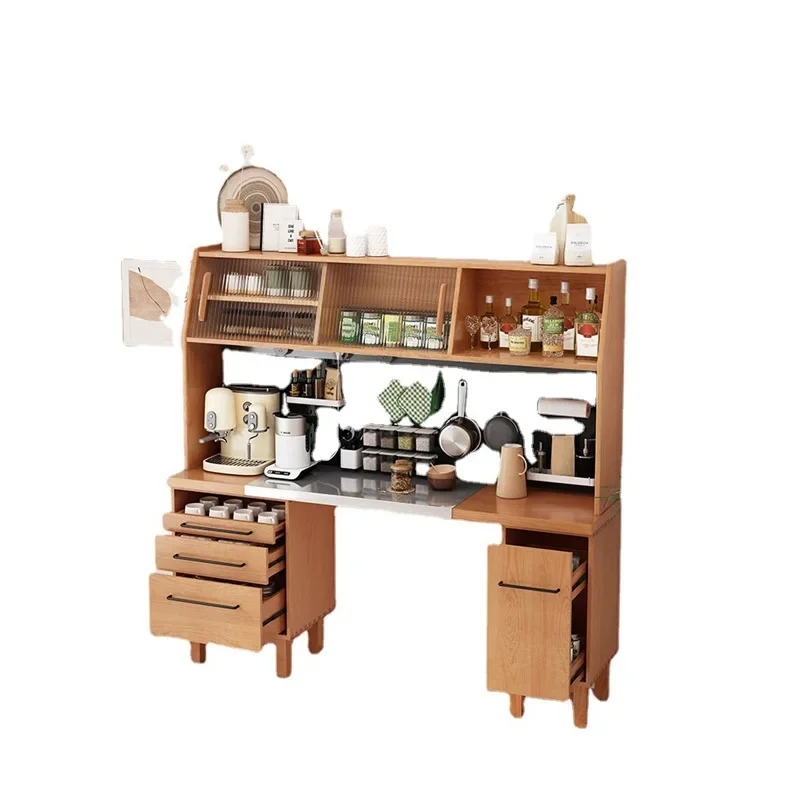 

Nordic all-solid wood dining side cabinet, dining table integrated, small apartment tea cabinet against the wall, wine cabinet