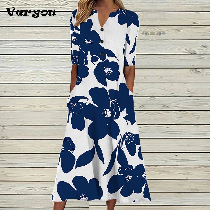 Sommer Maxi Kleid Frauen Vintage Gedruckt Sommerkleid Beiläufige Lose Kurzarm V-ausschnitt Vestidos Strand Urlaub Robe Langes Kleid Boho