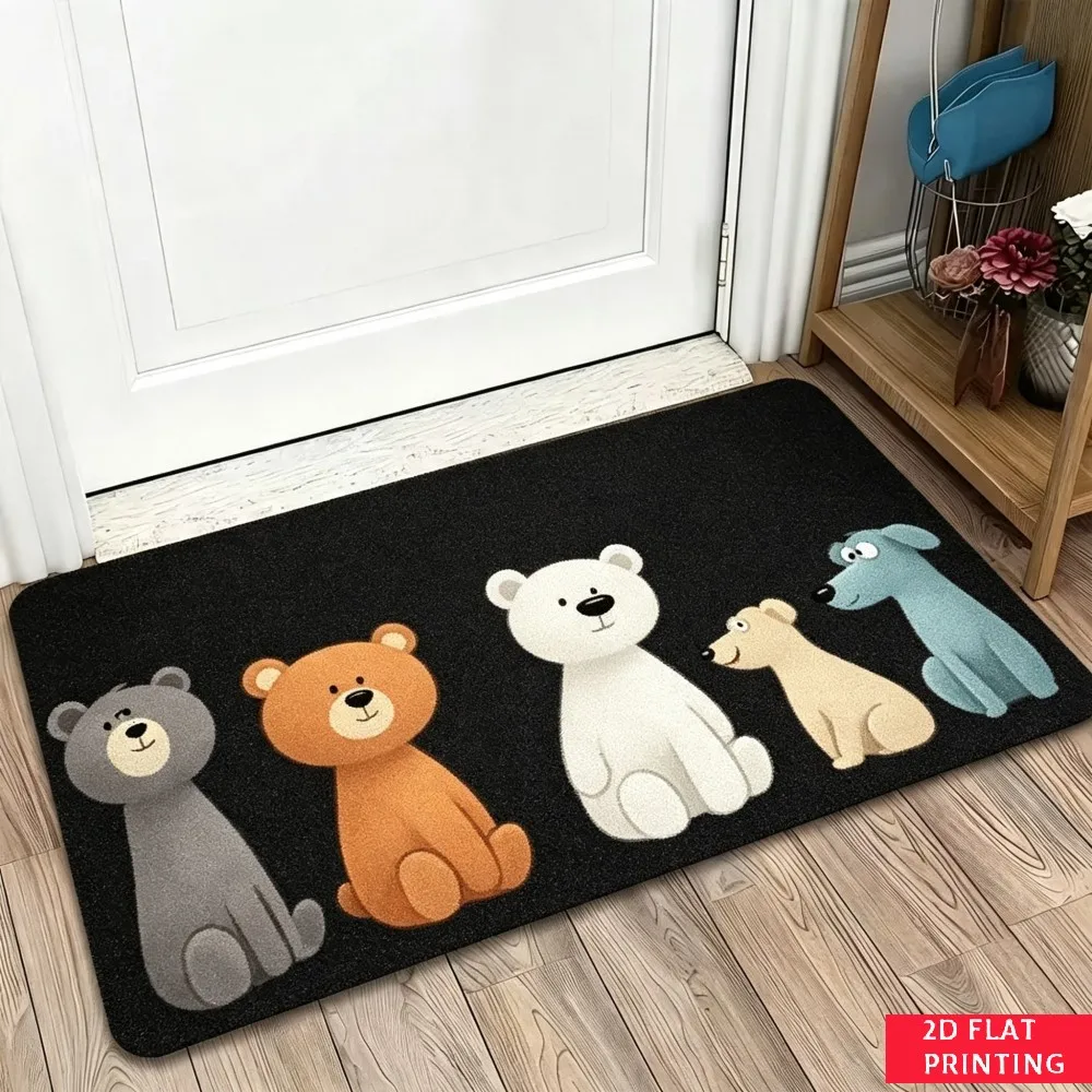 Penguin Lineup Black Floor Mat Cute Bird Row Pattern Print Non Slip Absorbent Doormat For Winter Animal Lover Home Entrance