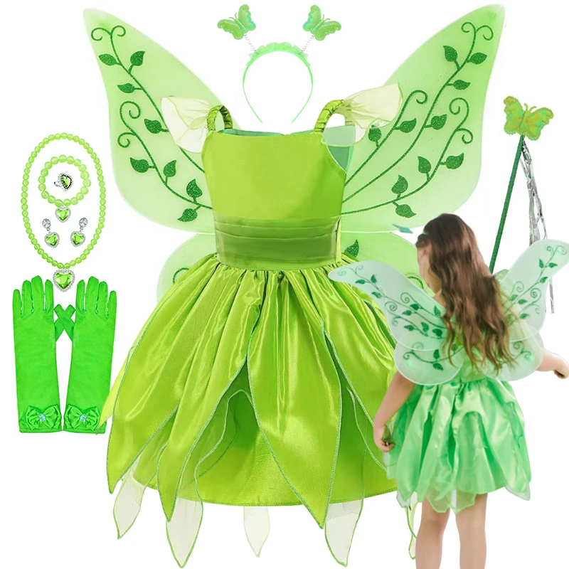 Girls 2025 Tinker Bell Costume Kids Green Fairy Princess Fancy Tinkerbell Dress Birthday Party Halloween Cosplay 2-10T Outfits